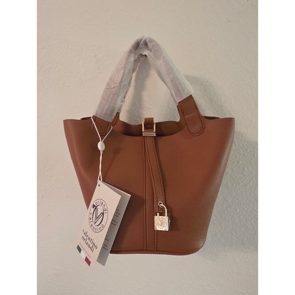 Valentino Orlandi Brown Pebbled Leather Bucket Bag Padlock Tote Made in Italy